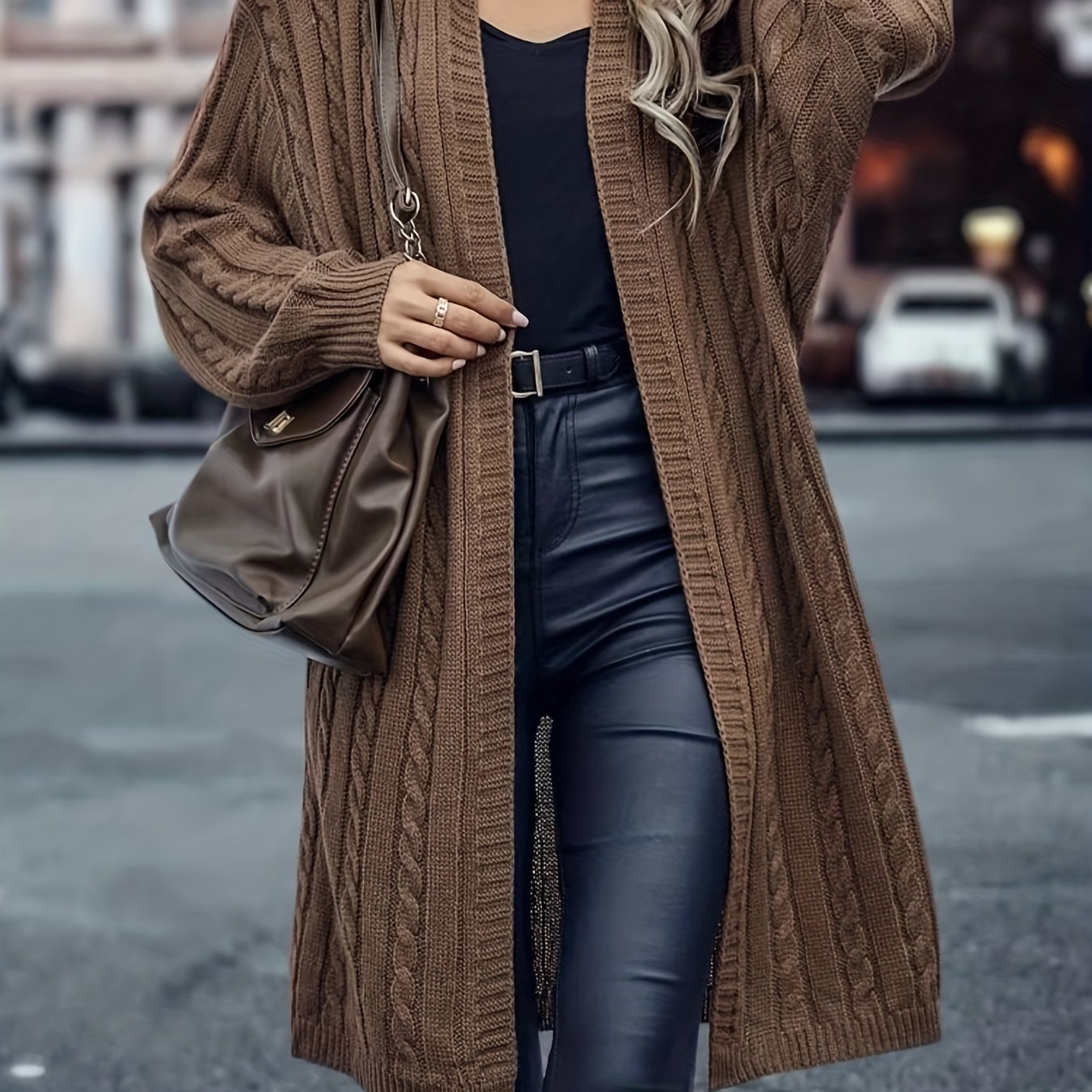 Cozy Cable Knit Hooded Cardigan - Women's Long Sleeve Sweater Coat