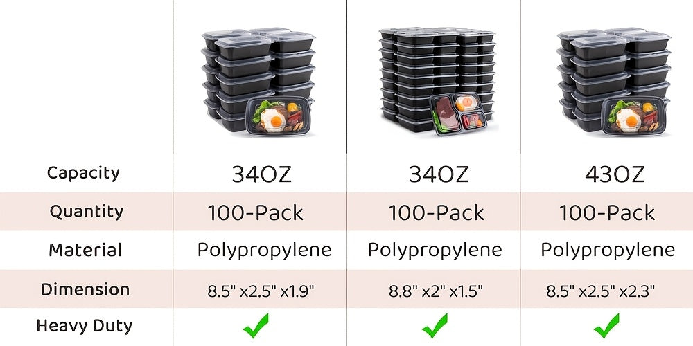 100pcs Black Disposable Food Containers with Lids - Leak-Proof, Stackable & Reusable Meal Prep Boxes - Microwave & Dishwasher Safe - Ideal for Home Cooking, Meals on the Go & Valentine's Day Gatherings, Portable Meal Containe
