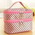 AuraNest double-layer makeup bag with pink polka dots, designed for skincare and cosmetic storage, showing its spacious interior and compartments.
