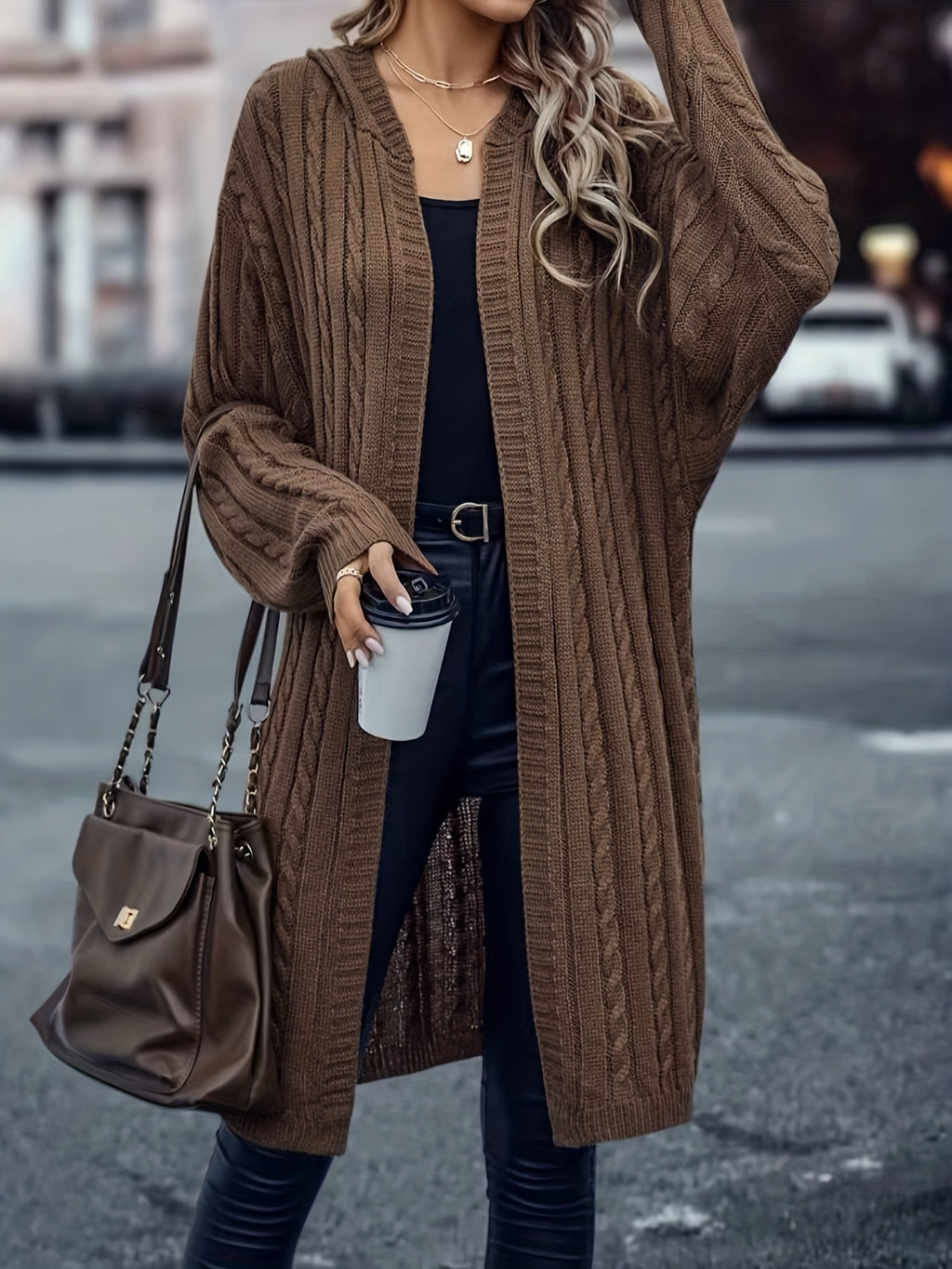 Cozy Cable Knit Hooded Cardigan - Women's Long Sleeve Sweater Coat