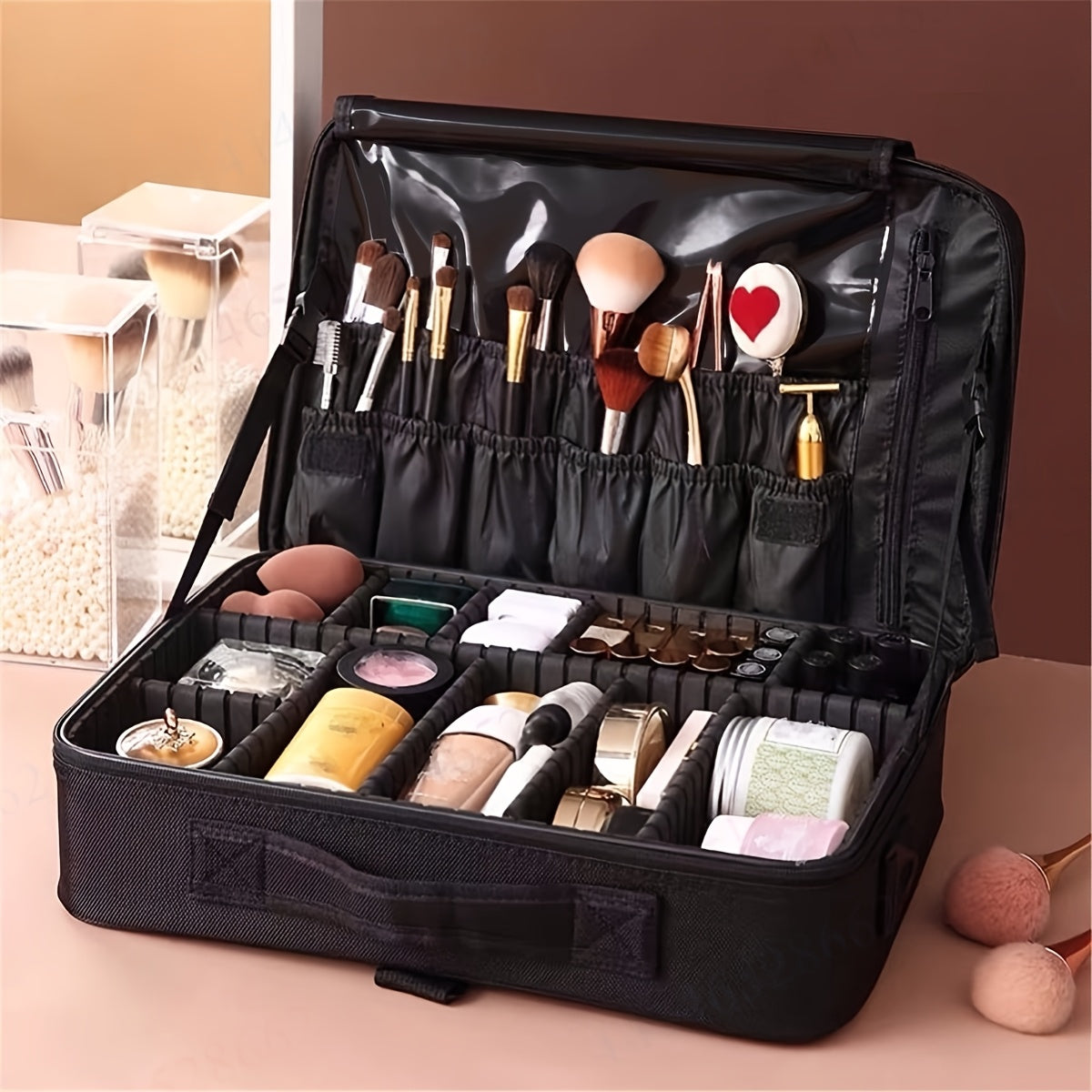 1pc Large Capacity Waterproof Cosmetic Organizer Case with Adjustable Compartments, Durable Detachable Makeup Brushes & Mirror Holder, Multiple Pockets for Travel, Professionals & Daily Use